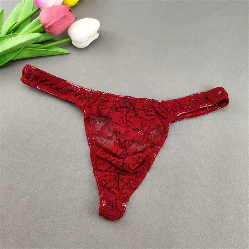 Lace Floral Sexy Men's Underwear Solid Hollow Perspective Thong Comfort Bugle Enhance Sissy G-String Gay Low Rise T-back Panties