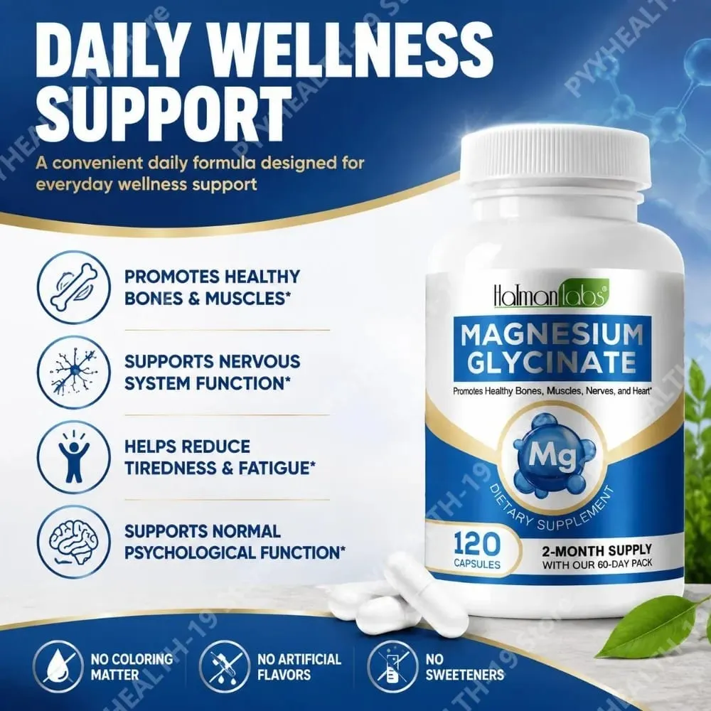 Cápsulas de glicinato de magnésio com 208mg de bisglicinato elementar para suporte ósseo, muscular e nervoso saudável, adultos 120 cápsulas