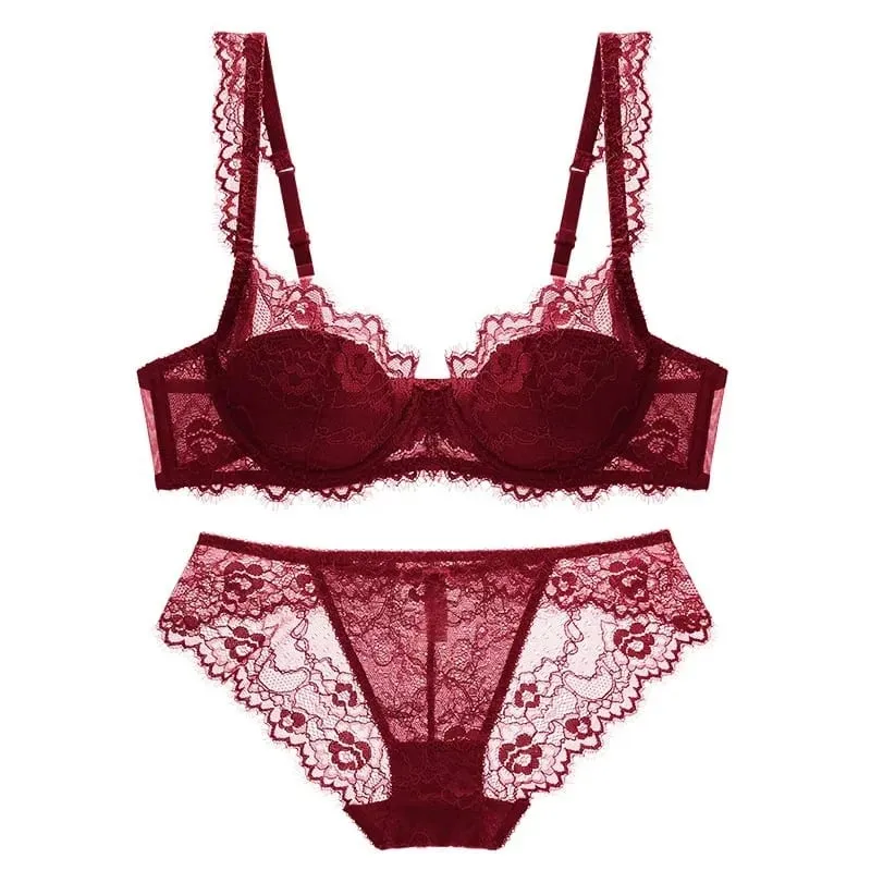 Conjunto de sutiã e calcinha levemente forrado, renda de cílios finos, roupa íntima com push up, macio, confortável, respirável, lingerie sexy feminina