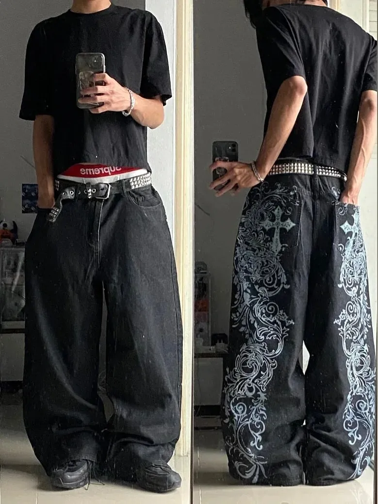 Y2K Vintage Gótico High Street Denim Preto Lavado Gradiente Espinha Aranha Lírio Estampa Jeans Perna Larga