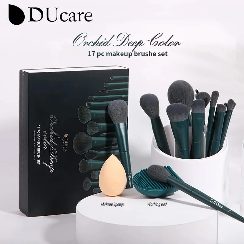 Ducare kits de pincéis de maquiagem profissional cabelo sintético 17 peças com esponja e ferramentas de limpeza almofada para base cosmética sombra