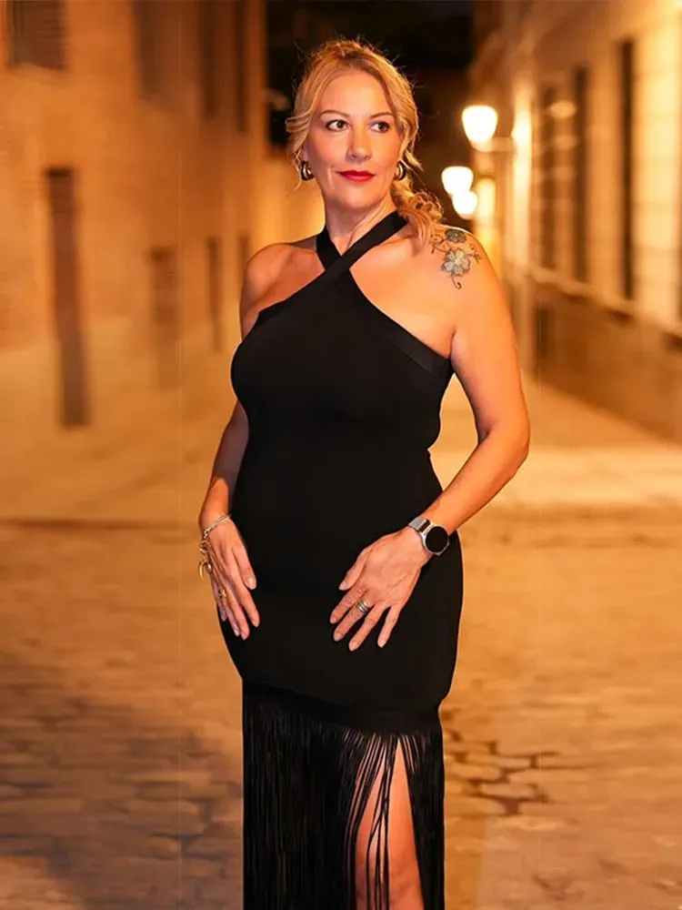 Mulheres borla retalhos halter maxi vestido chique sólido sem mangas fora do ombro magro fenda vestidos moda senhora vestidos de festa de férias