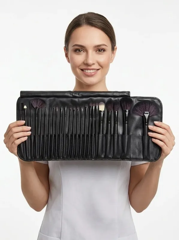 Conjunto de pincéis de maquiagem profissional, 32 peças, cabo de madeira, pincéis cosméticos, base, sombra, blush, com bolsa de armazenamento pu
