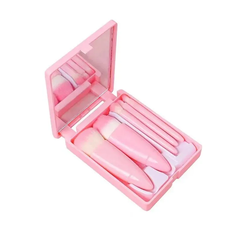 5pcs Mini Pincel de Maquiagem Conjunto com Espelho - Pincéis Cosméticos de Viagem Multifuncionais Unscented Palm Brush Design Ferramentas de Maquiagem