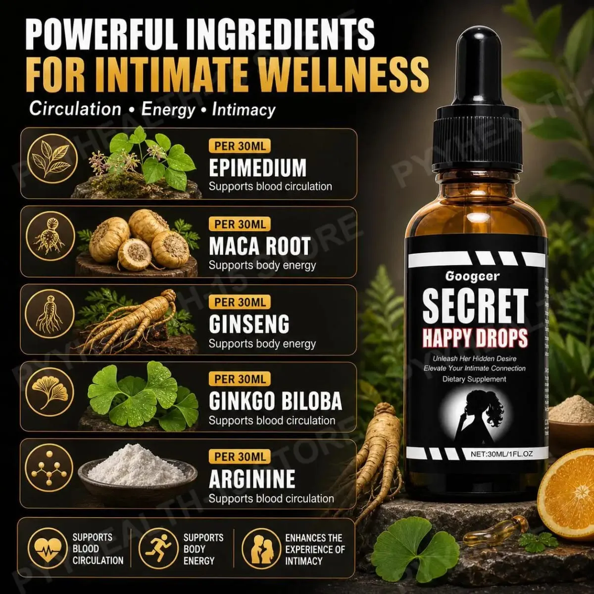 Googeer segredo feliz gotas orais ervas epimedium maca raiz ginseng ginkgo biloba suporte circulação sanguínea intimidade 30 ml