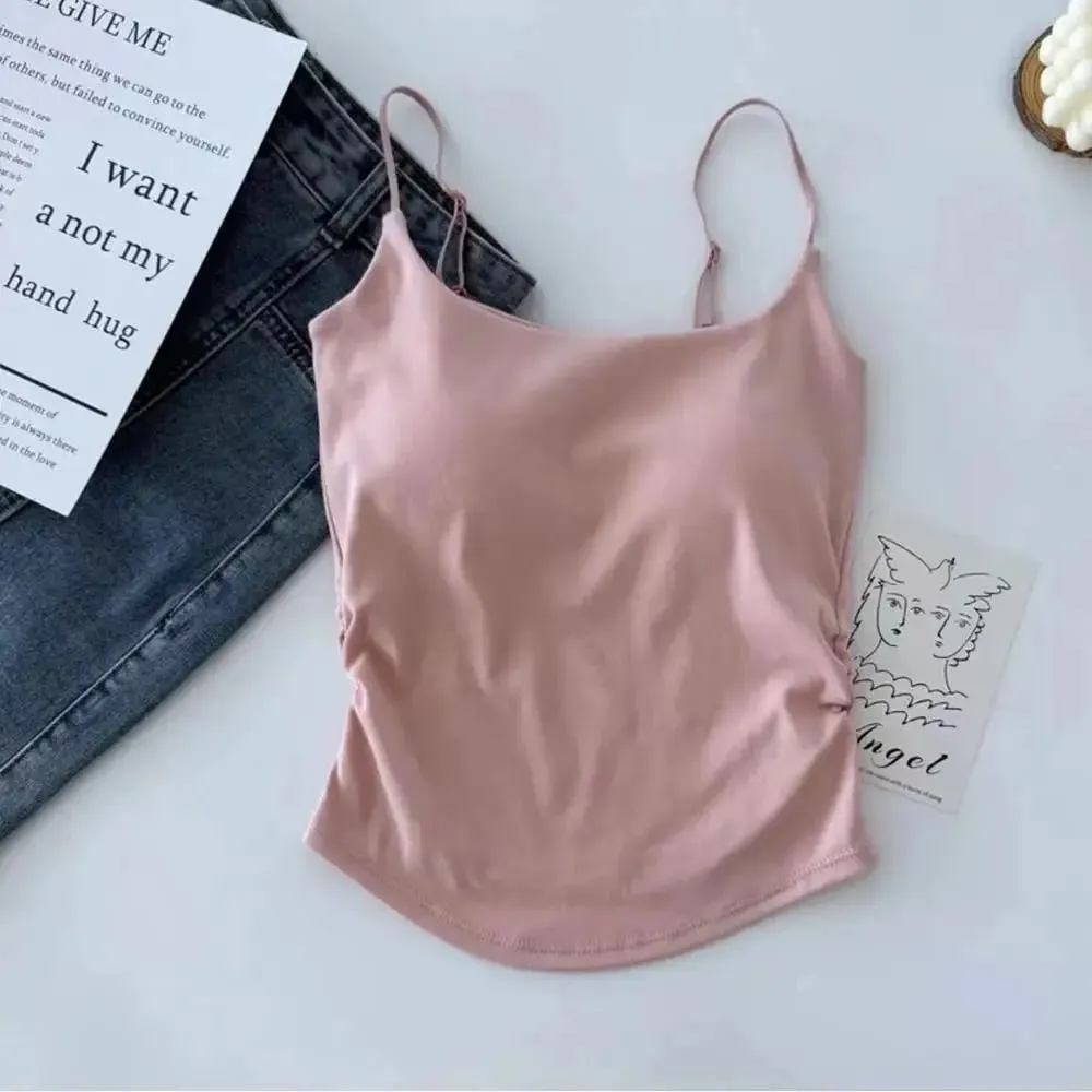 Feminino cor sólida alças de espaguete sem mangas camisola fina com almofada no peito moda feminina verão topo vestindo dentro e fora