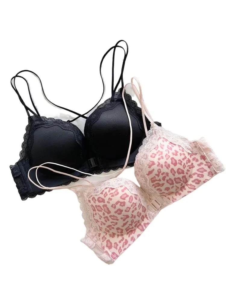 Victoria estilo conjunto de lingerie sem fio rosa leopardo padrão fechamento frontal sutiã sensual volta push up para busto pequeno 32-38