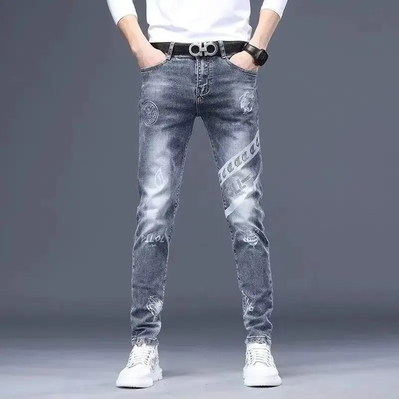 High End Elegante Clássico Distintivo Impresso Preto Stretch Denim Jeans para Homens de Alta Qualidade Slim Fit Stretch Calças Jeans de Luxo