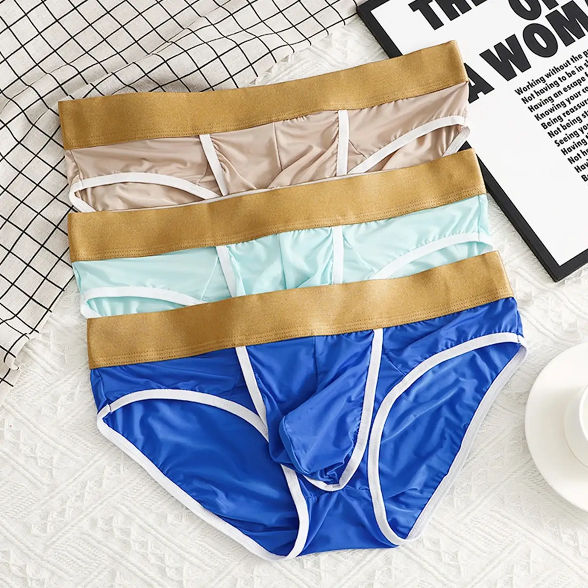 Open Front Pouch Briefs Mens Ice Silk Youth Low Waist Bullet Separation Scrotum Support Panties Breathable Thin Underwear