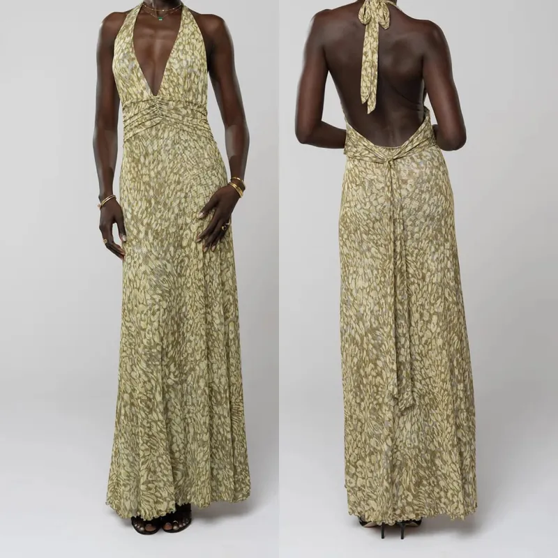 Combhasaki Mulheres Verão Sem Mangas Tie-up Halter Decote Em V Profundo Backless Flor/Pontos Estampado Plissado Hem Malha Ruched Vestido Longo Linha A