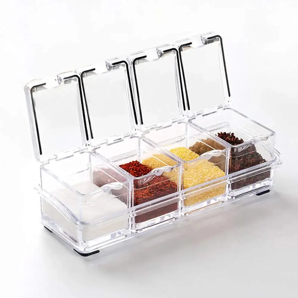Acessórios de cozinha gourmet caixa de tempero acrílico com 4 colheres de servir conjunto frasco de especiarias condimento garrafa cruet suprimentos de cozinha