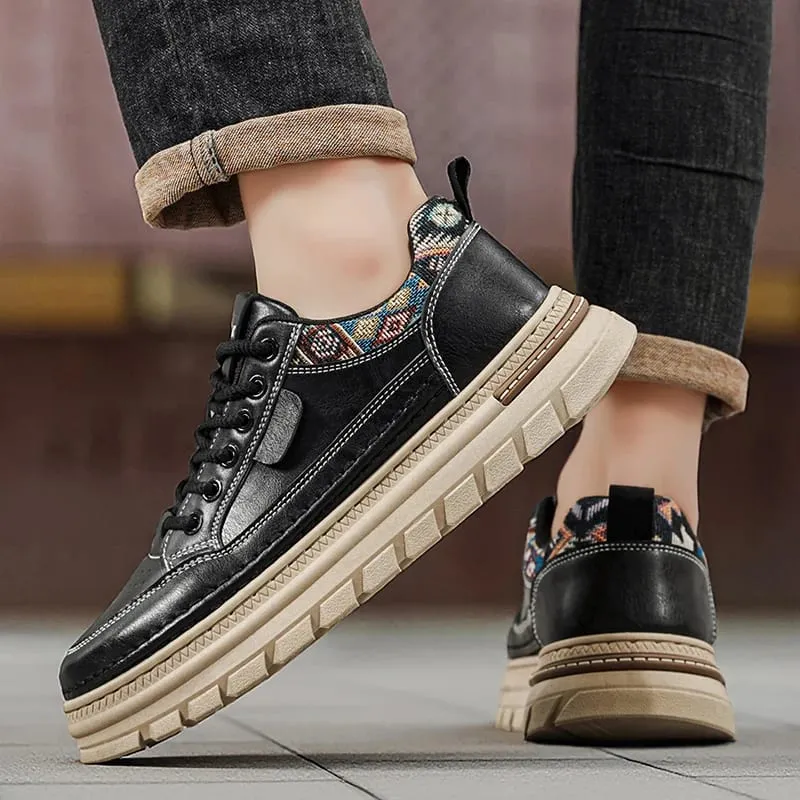 Sapatos casuais masculinos primavera verão sola grossa tênis de textura lisa gola tecida com cadarço calçado confortável