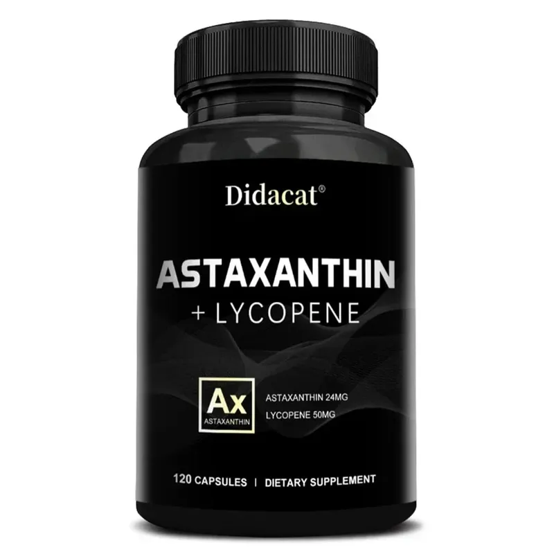 Astaxantina 24 mg + licopeno 50 mg antioxidante natural de microalgas suplemento de astaxantina apoia a saúde da pele dos olhos não-OGM