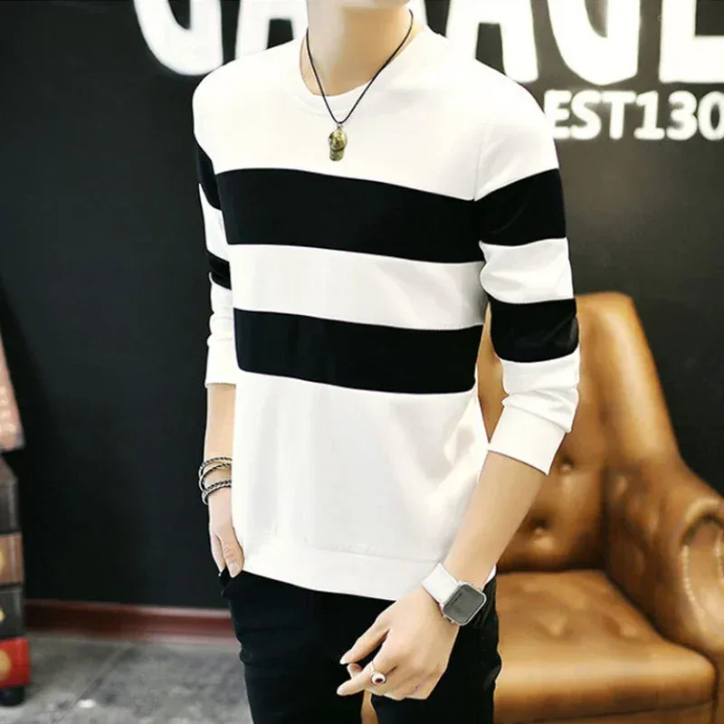 Black White Striped Sweatshirts Mens 2025 Spring Autumn Long Sleeve Sweatshirts Slim Fit Male Tracksuit Pullover Hoodie Clothing