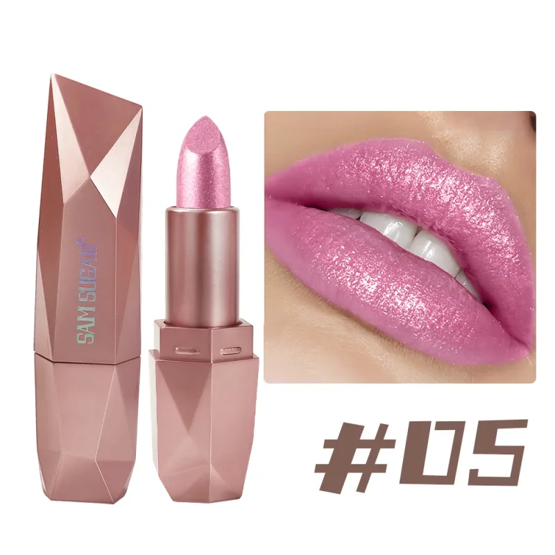 Batom com glitter diamante de longa duração, hidratante à prova d'água, altamente pigmentado, brilho metálico perolado, antiaderente