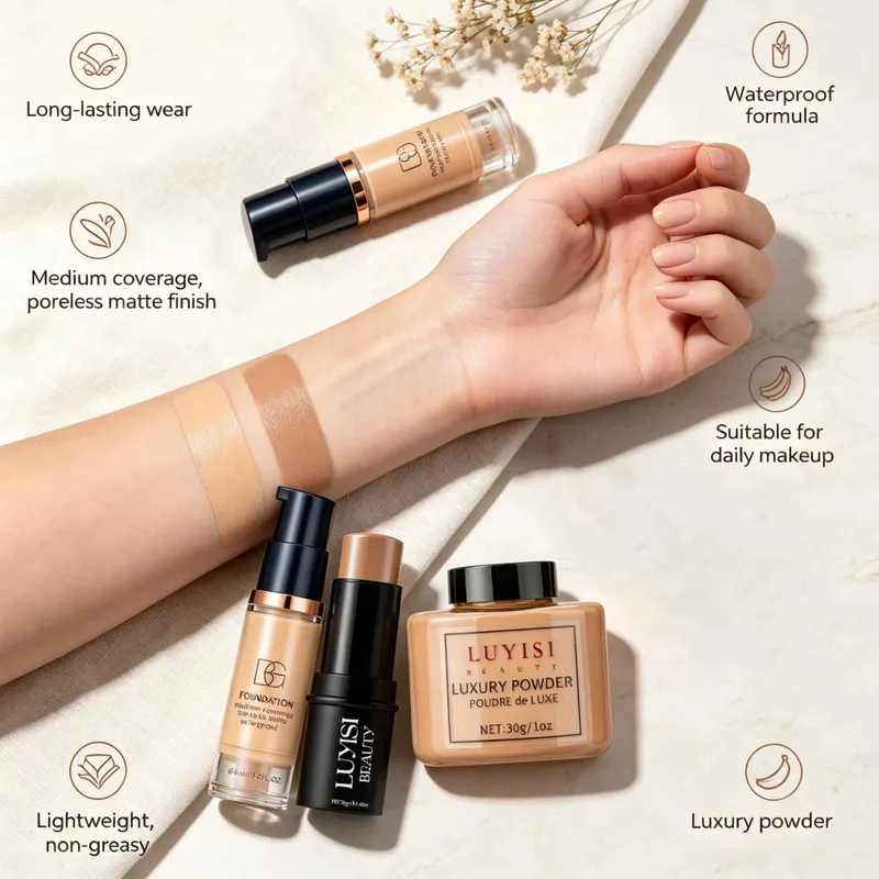 Conjunto de maquiagem facial: 1 unidade de base + 1 unidade de bastão de contorno + 1 unidade de pó de configuração, cobertura completa, cosméticos macios à prova d'água e à prova de suor.