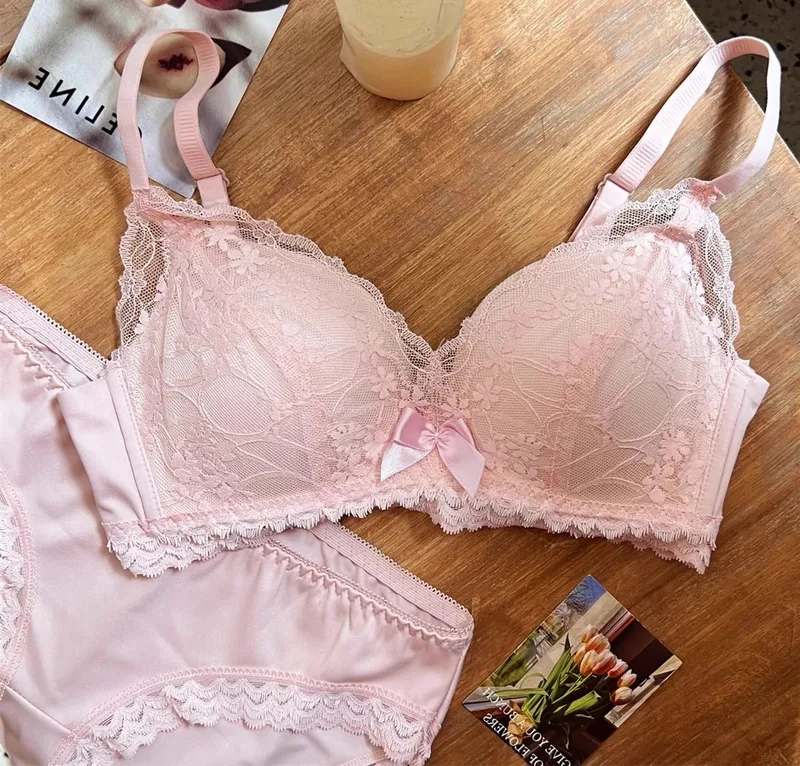 Sutiã de renda francesa sem fio push up bralette para busto pequeno alças ajustáveis ​​anti flacidez suporte sexy rendas até lingerie conjunto de calcinha