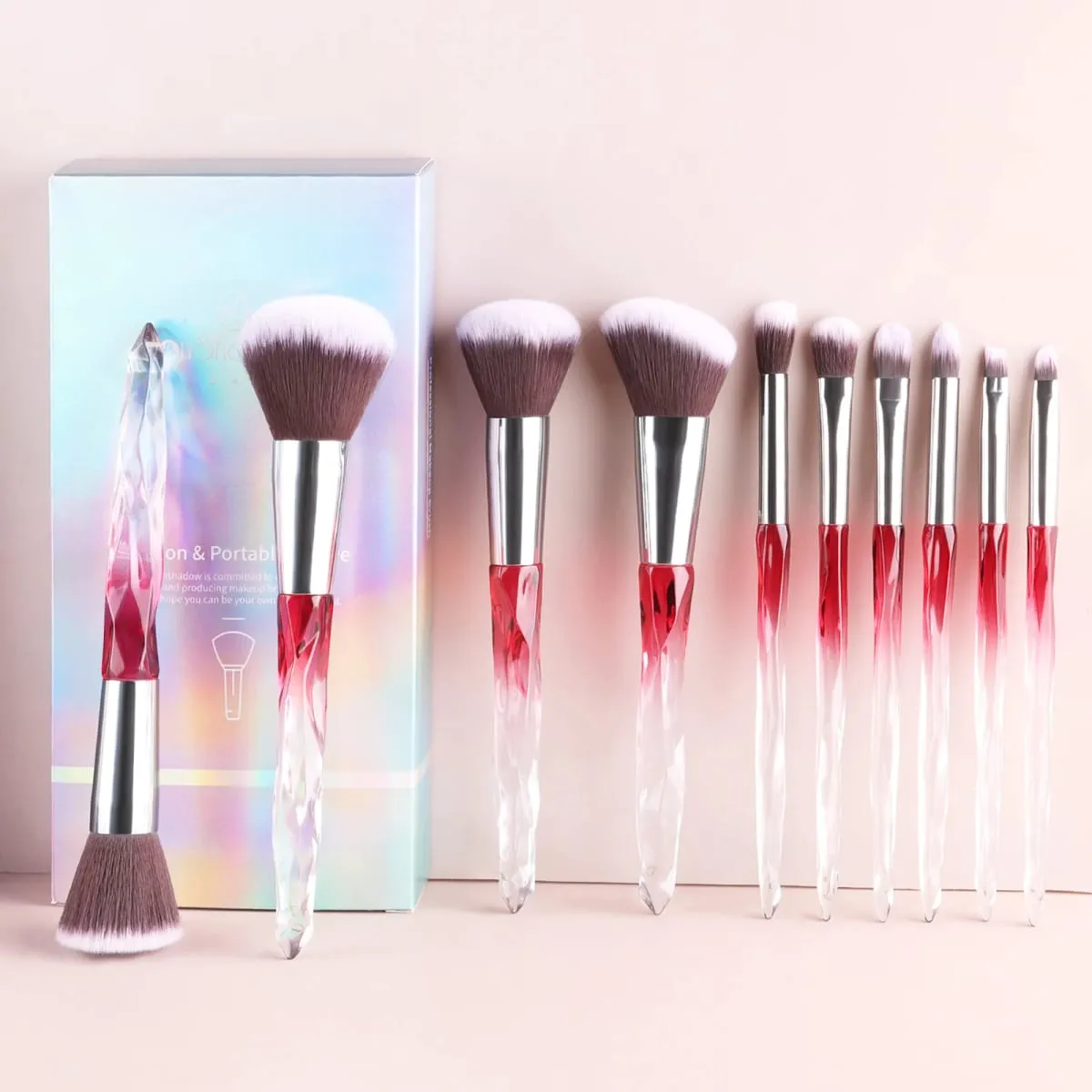 10 pçs brilhante cristal lidar com escova de maquiagem conjunto com caso redondo solto pó escova & plana fundação escova para maquiagem dos olhos
