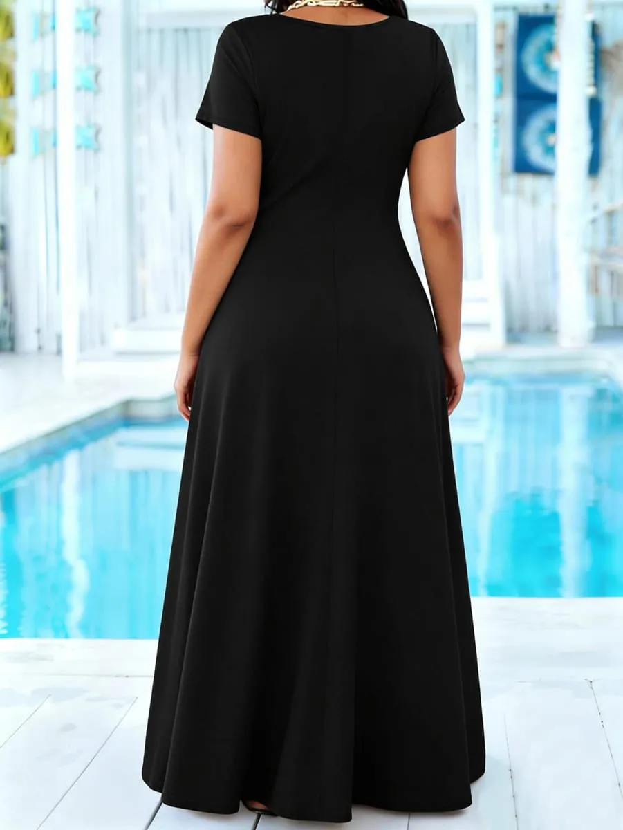 Vestido maxi preto liso feminino plus size, verão, casual, manga curta, gola redonda, vestido longo fluido com bolso, vestidos de praia