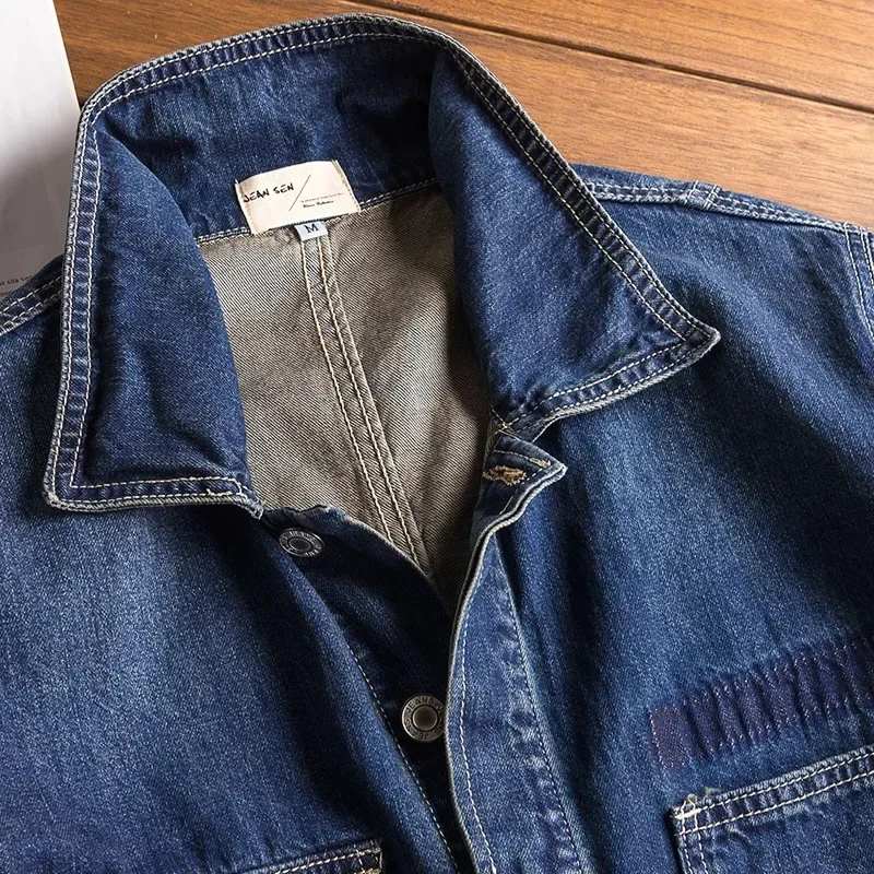 Denim Jumpsuits Loose Pockets Long Sleeve Overalls Lapel Collar Pockets Cargo Jeans for Men