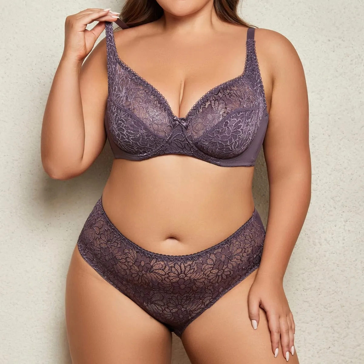 Female Big Size Lace Lingerie Set Bra with Wire Unlined Thin Breathable Bra and Panties Set 85C-110E