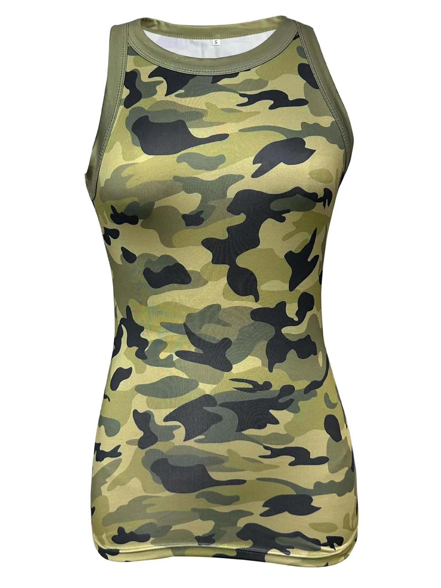 Women Casual Camo Round Neck Ribbed Tank Top Summer Basic Elastic Camisole Sexy Sleeveless Crew Neck Vest Women's Clothing