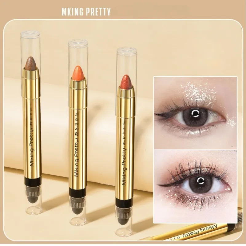 Caneta de sombra para os olhos, 6 cores, maquiagem para os olhos, caneta de bicho da seda, caneta de destaque de ponta dupla, bastão de sombra para os olhos, micro-pérola, maquiagem fosca feminina