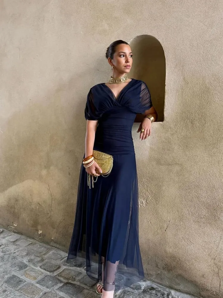 Feminino sólido profundo decote em v malha vestido longo elegante puff manga curta ruched cintura alta vestidos 2026 verão senhora casual rua robe