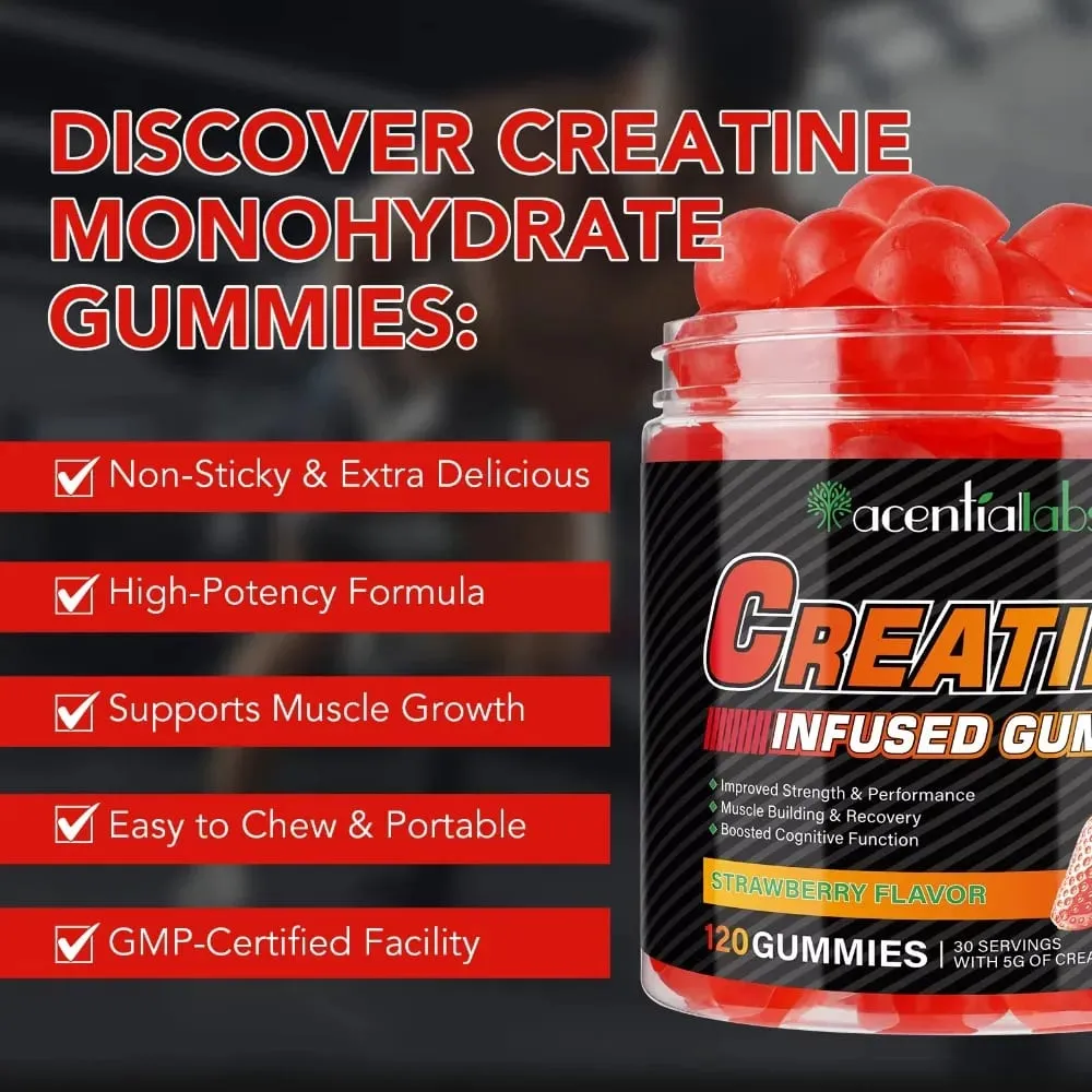 Gomas de monohidrato de creatina 5000mg para recuperação de força muscular e aumento de energia pré-treino Morango vegano sem açúcar 120 Ct