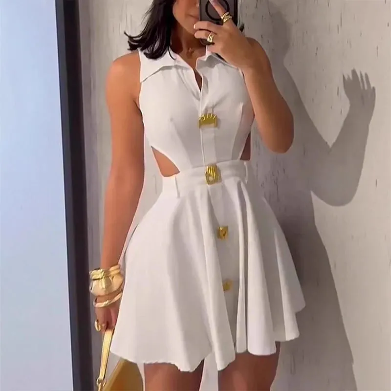 Verão cor sólida cintura alta vestidos plissados ​​escritório senhora lapela botão a linha vestido sexy oco sem mangas magro vestido curto