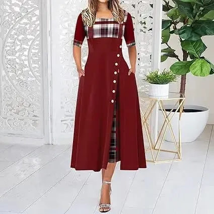 Vestido longo feminino irregular, com retalhos, botões vintage, gola redonda, meia manga, casual, vestido de viagem, moda feminina