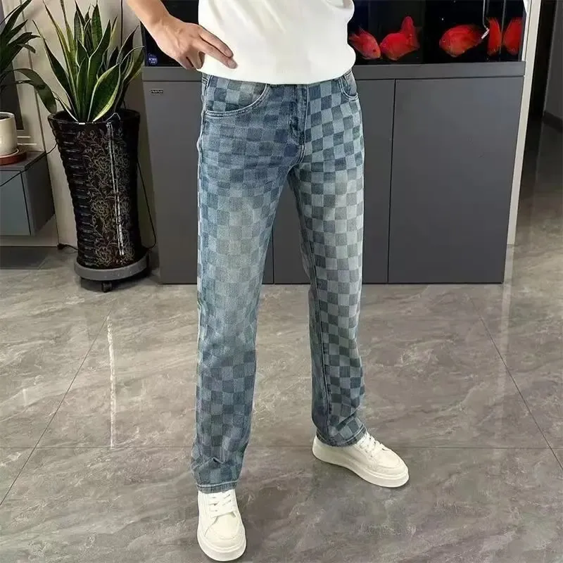 潮流品牌春夏格紋牛仔褲百搭男士直筒高級寬鬆休閒直筒彈性褲