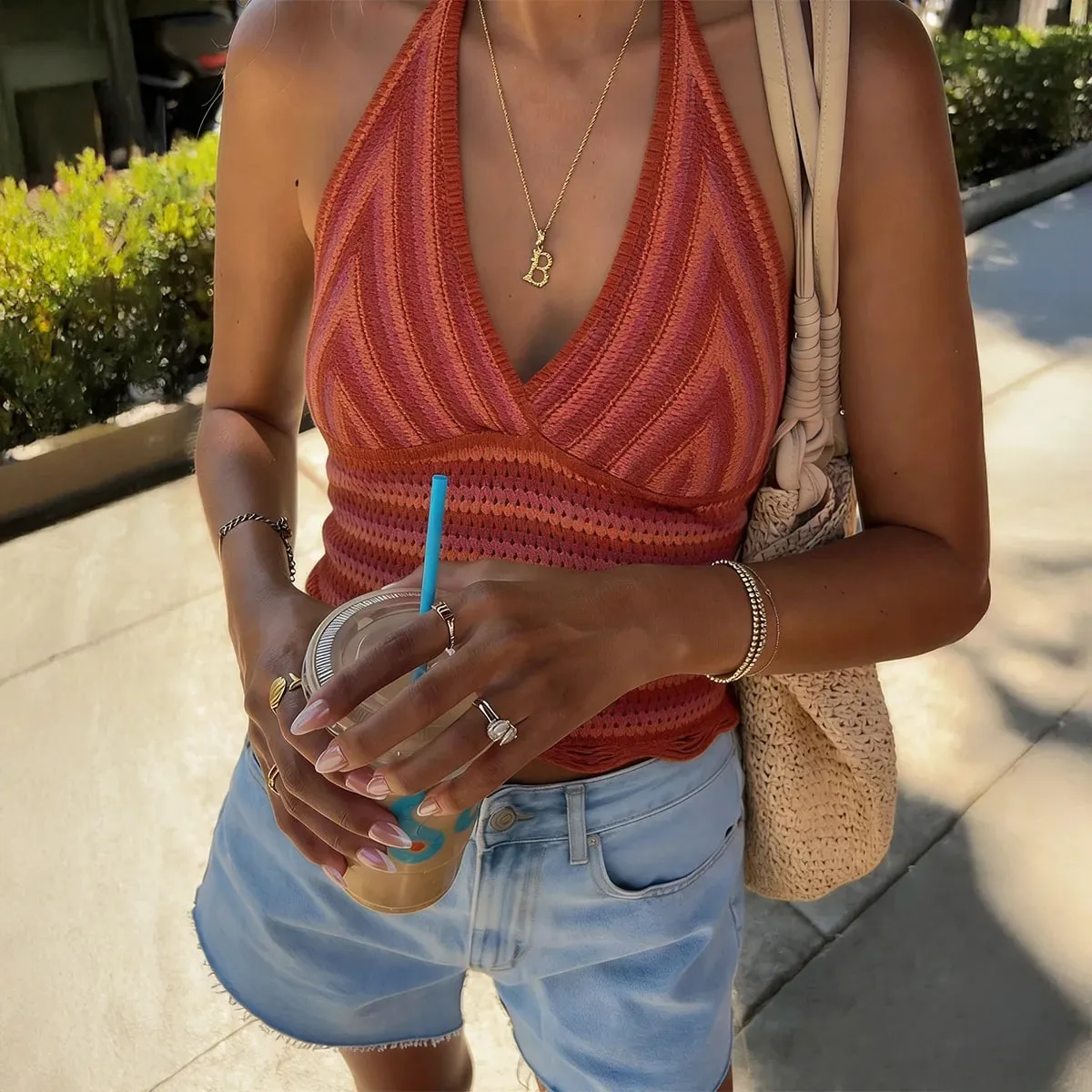 Mulheres primavera verão halter malha cami top profundo decote em v listra gradiente sem mangas recortada regata casual