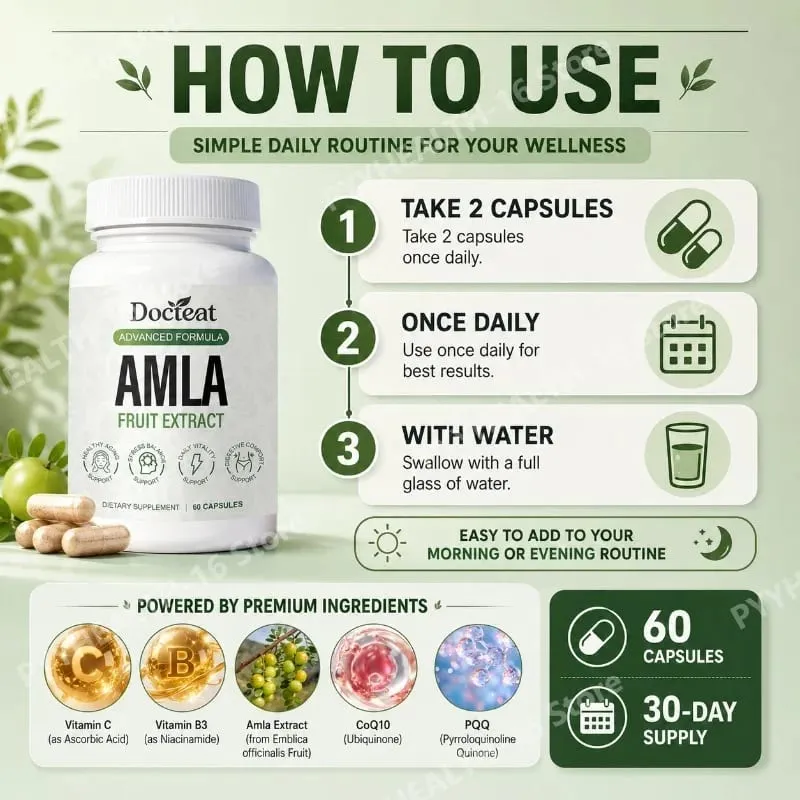 Docteat Amla Fruit Extract Capsules Immune Function Support Skin Health Support with Vitamin C B3 CoQ10 PQQ 60 Capsules