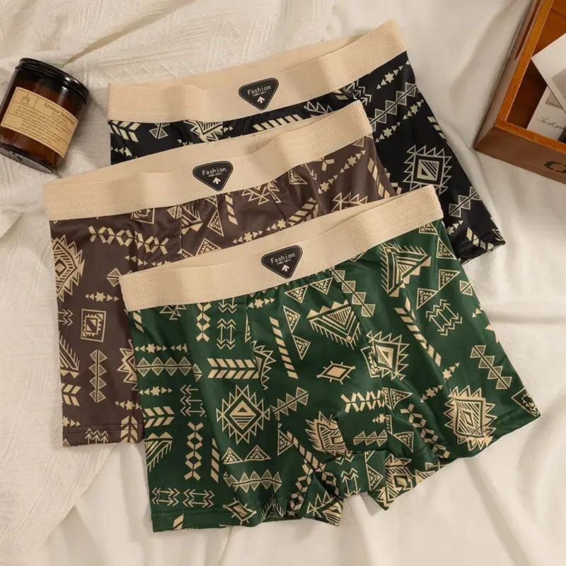 Men's Boxer Retro Ethnic Style Comfortable Smooth Fabric Briefs Vintage Print Elastic Underwear for Man Lingerie Flat Underpants
