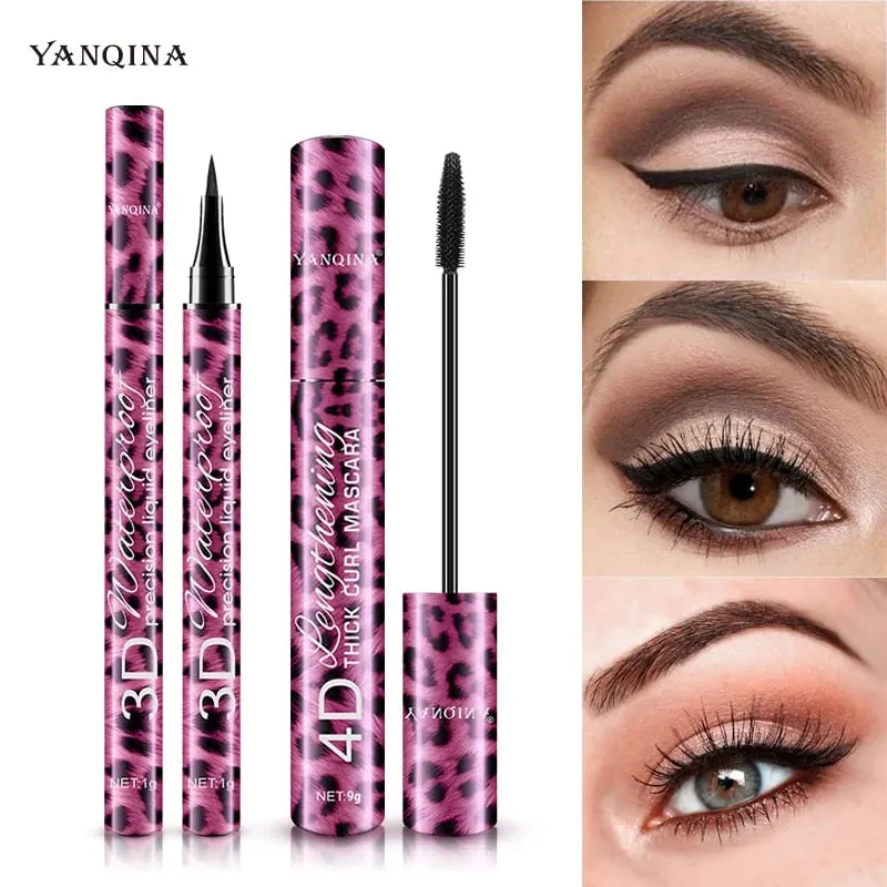 Conjunto de rímel à prova d'água 4D e delineador líquido, kit cosmético de maquiagem para olhos com curvatura espessa para iniciantes