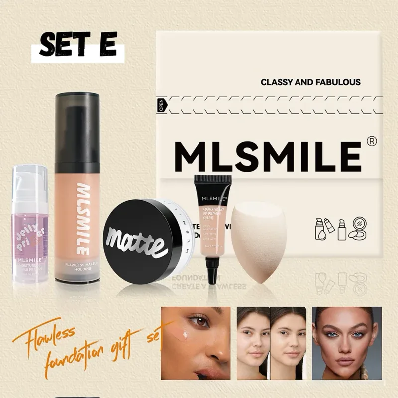 Conjunto de maquiagem facial tudo em um, base líquida em pó, primer e ovo para acabamento fosco de longa duração
