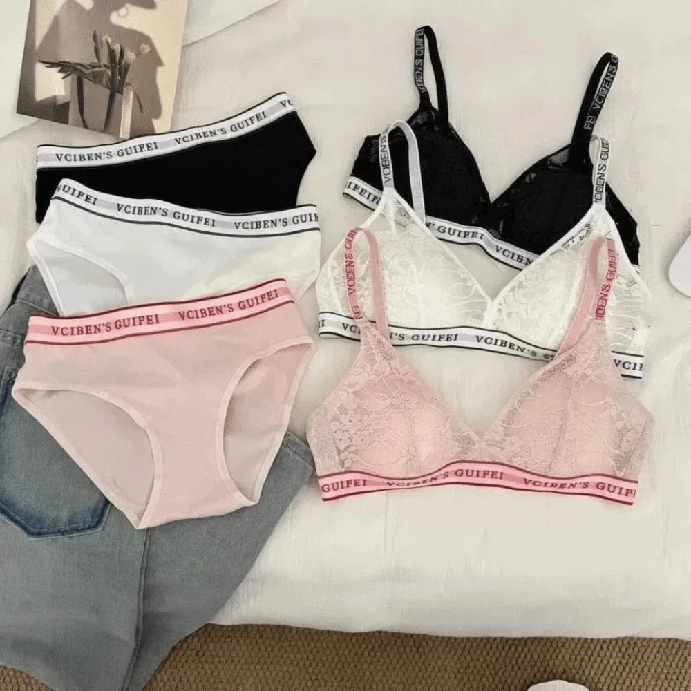 Comfortable Letter Design Lingerie Set Deep V Wireless Women Underwear Suit Color Blocking Lace Bra Panties Set Gift