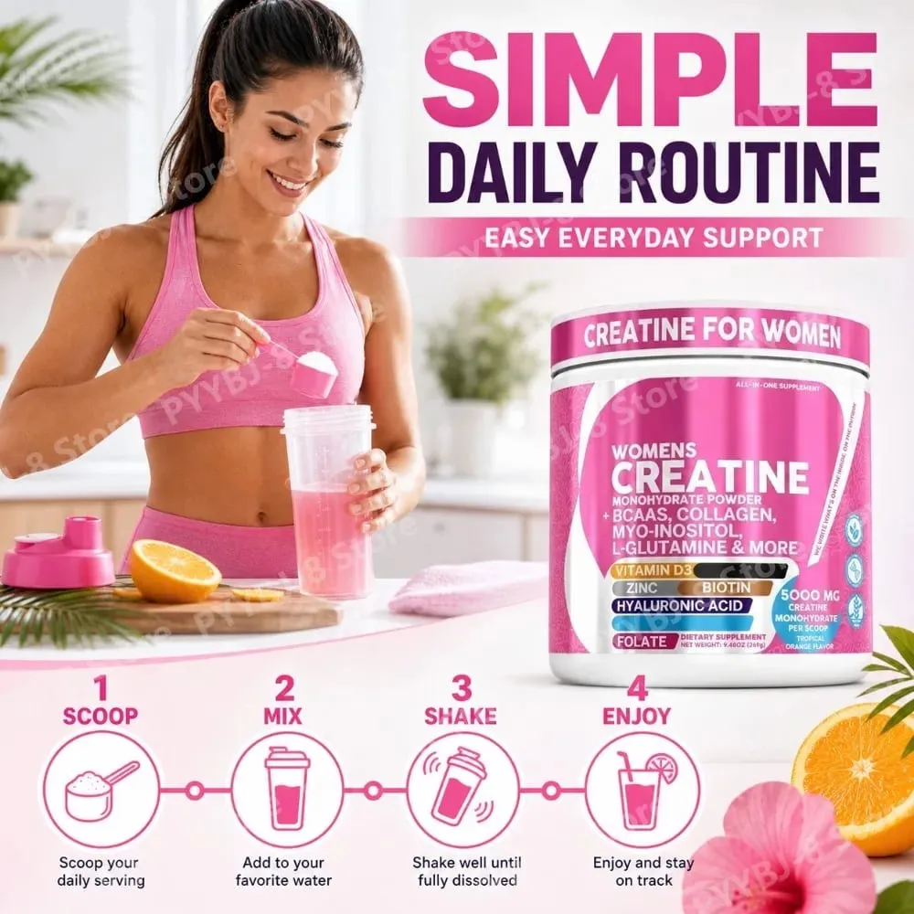 Women's Creatine Monohydrate Powder 5000mg BCAA Multi-Collagen Biotin Vitamin D3 Tropical Orange Sports Nutrition 30 Servings