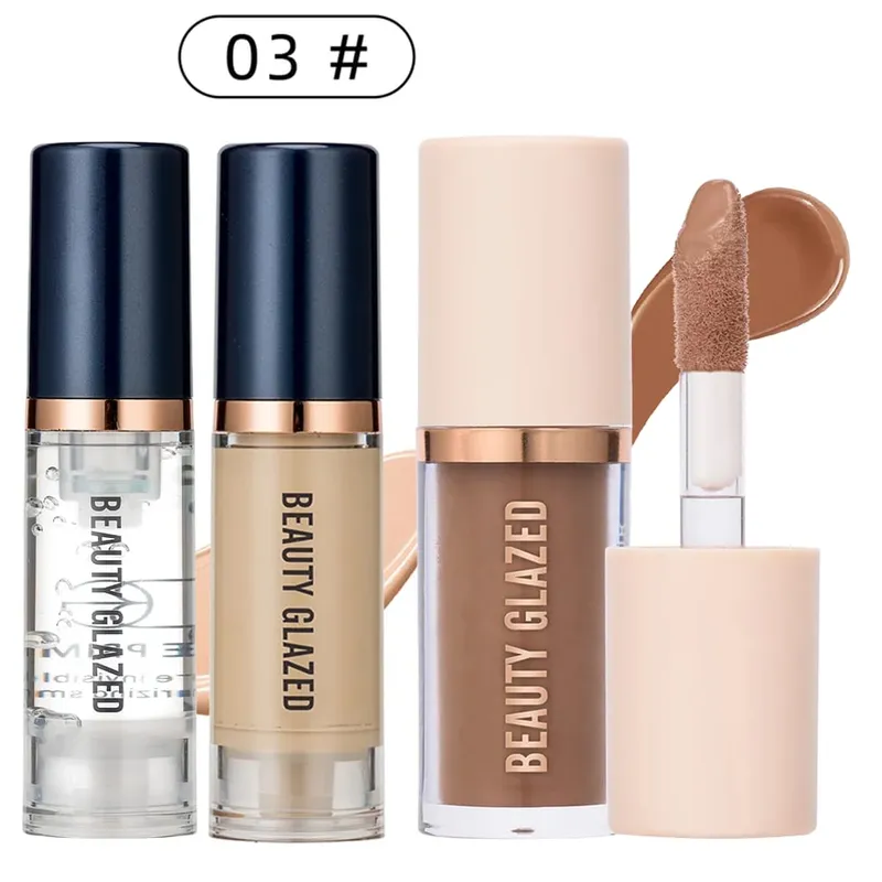 3pcs Face Makeup Set Liquid Foundation+Primer+ Liquid Contour Natural Weightless Long-wearing Smudgeproof Bronzer