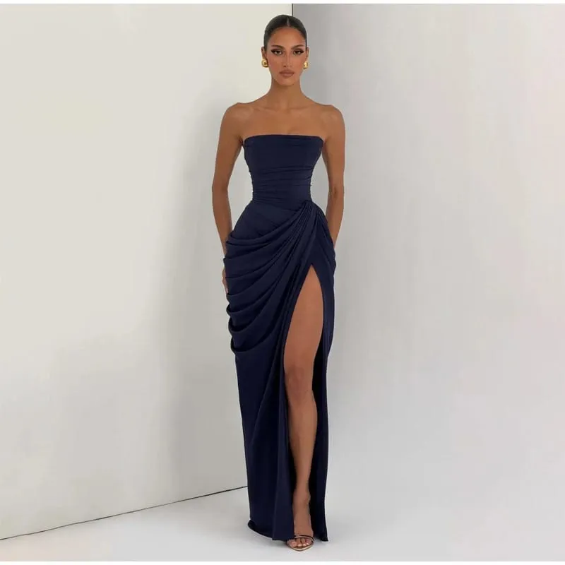 여성 섹시 솔리드 Pleated 드레스 레이디 세련된 오프 어깨 Backless Strapless 높은 허리 분할 드레스 2026 여름 저녁 파티 가운