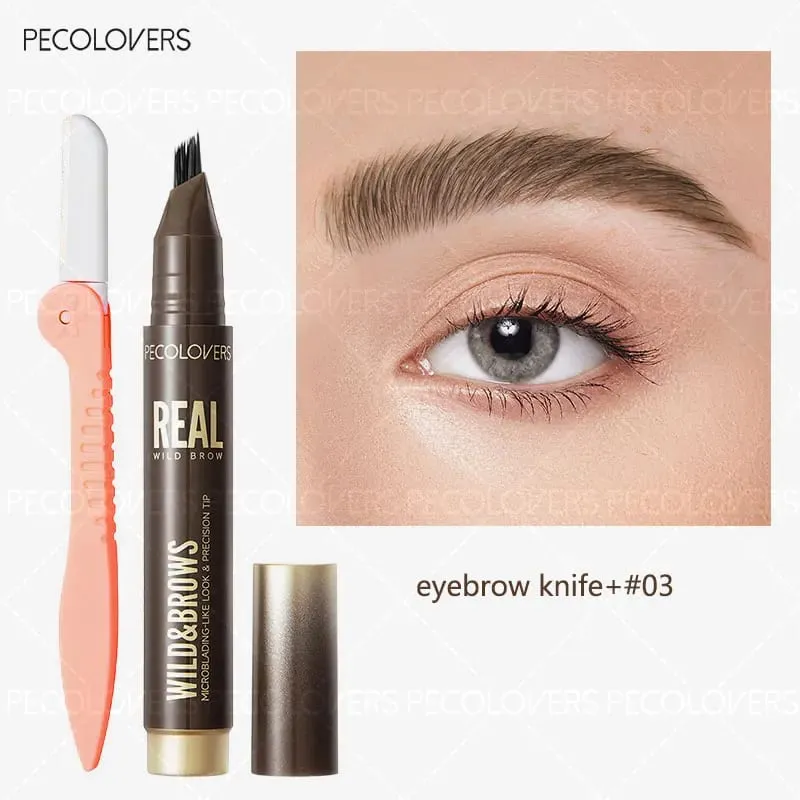2 PÇS/SET 3D Selvagem À Prova D' Água & Sweatproof Lápis de Sobrancelha & Navalha Mult Ponta Dividida Sobrancelhas Caneta Sobrancelha Portátil para Viagens