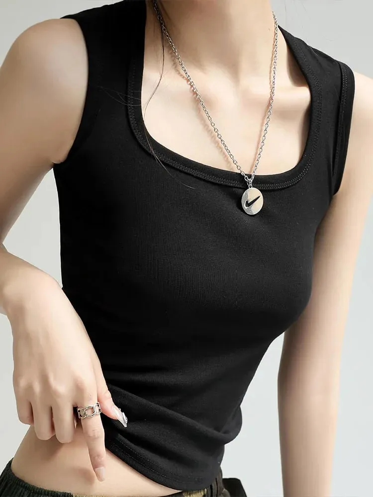 女款純色 U 領羅紋背心吊帶背心女式夏季基本款彈性背心 U 領純色背心
