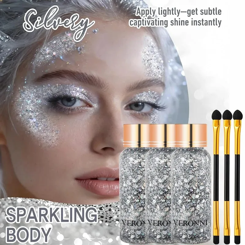 Conjunto de 3 unidades de glitter robusto com 3 pincéis de sombra de ponta dupla para festival, festa de Halloween, palco, sessão de fotos, maquiagem corporal facial