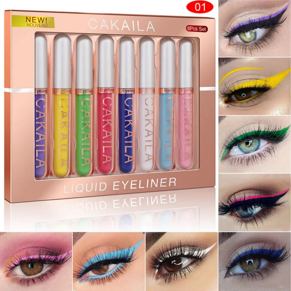 Conjunto de canetas delineadoras à prova d'água, 8 cores, glitter de longa duração e maquiagem colorida para os olhos, cosméticos de beleza fosco, kit de lápis de delineador
