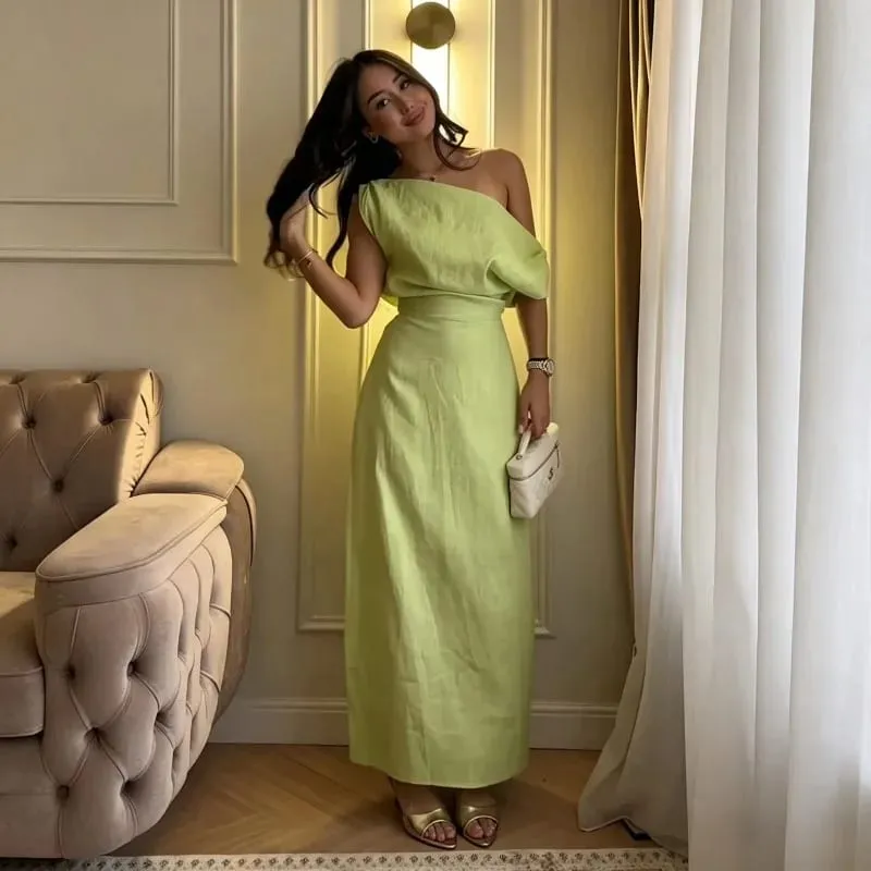 Elegante um ombro assimétrico vestido longo plissado chique cor sólida gola inclinada magro cinched fenda algodão linho mistura vestidos