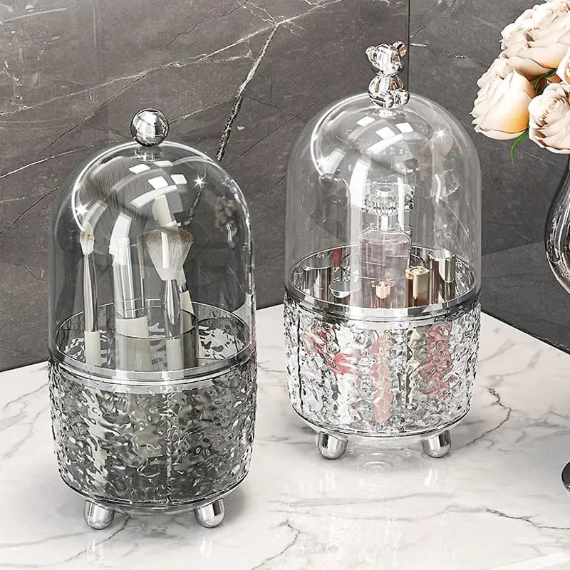 Suporte giratório para pincéis de maquiagem 360 °, organizador cosmético de mesa portátil, à prova de poeira com capa, batom, perfume, organizador de desordem