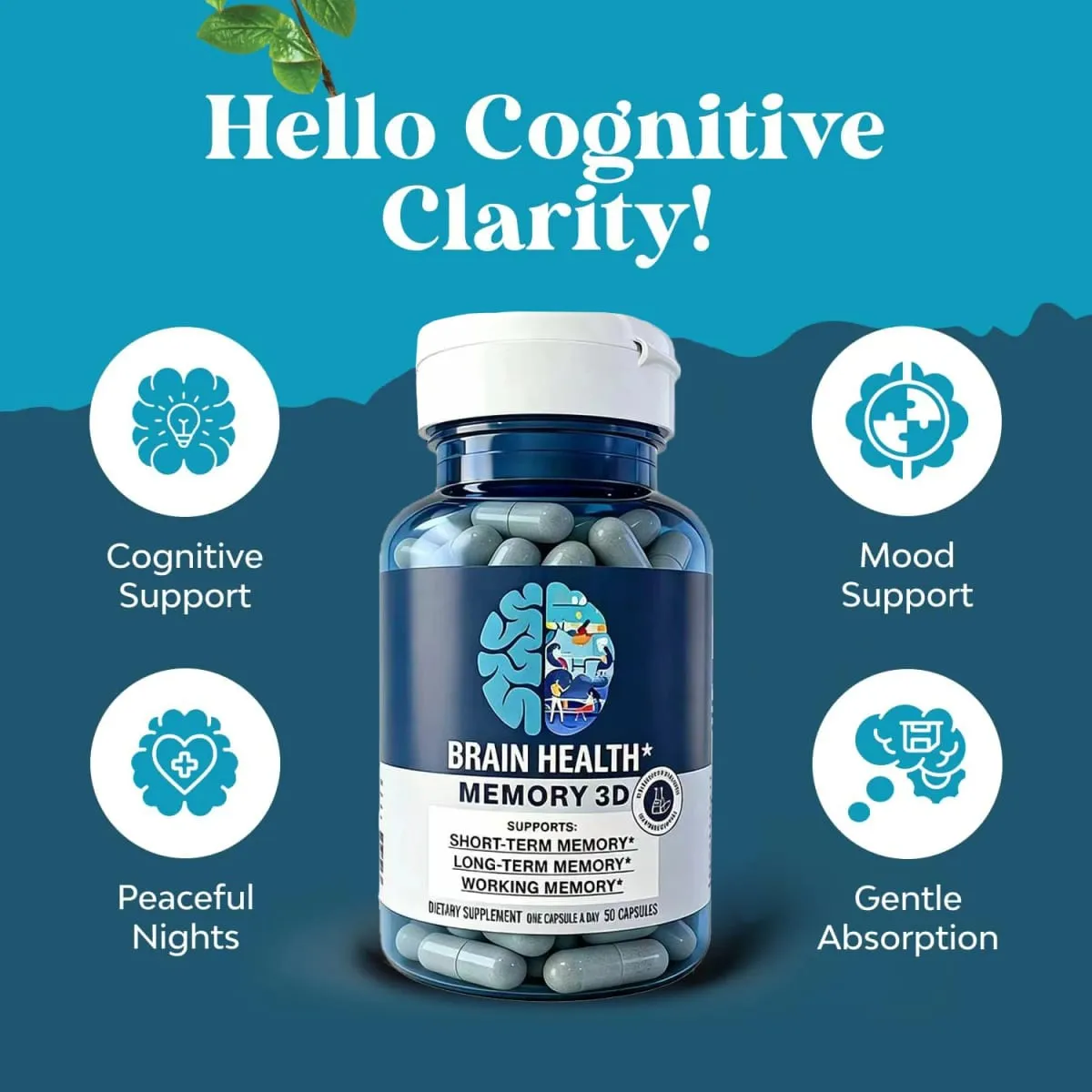 Suplementos cerebrais Memory 3D para memória e foco Vitamina B12 e B6 Ácido fólico 50 cápsulas — image 2