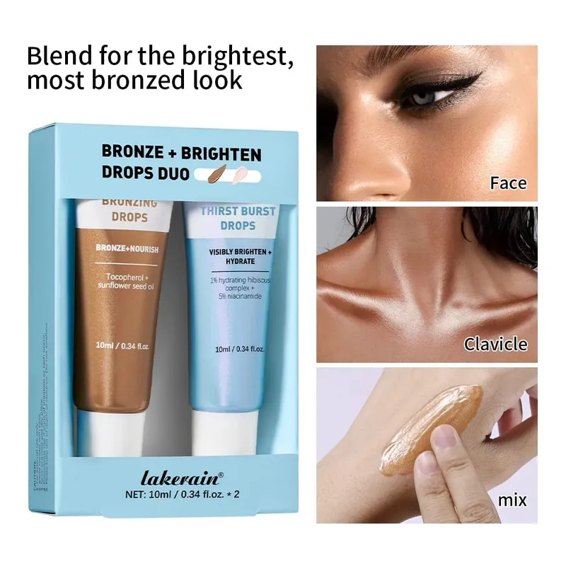 2psc bronze e iluminar gotas duo kit explosão e bronzeamento gotas conjunto de cuidados com a pele nutrir visivelmente iluminar hidratar tamanho de viagem bronze