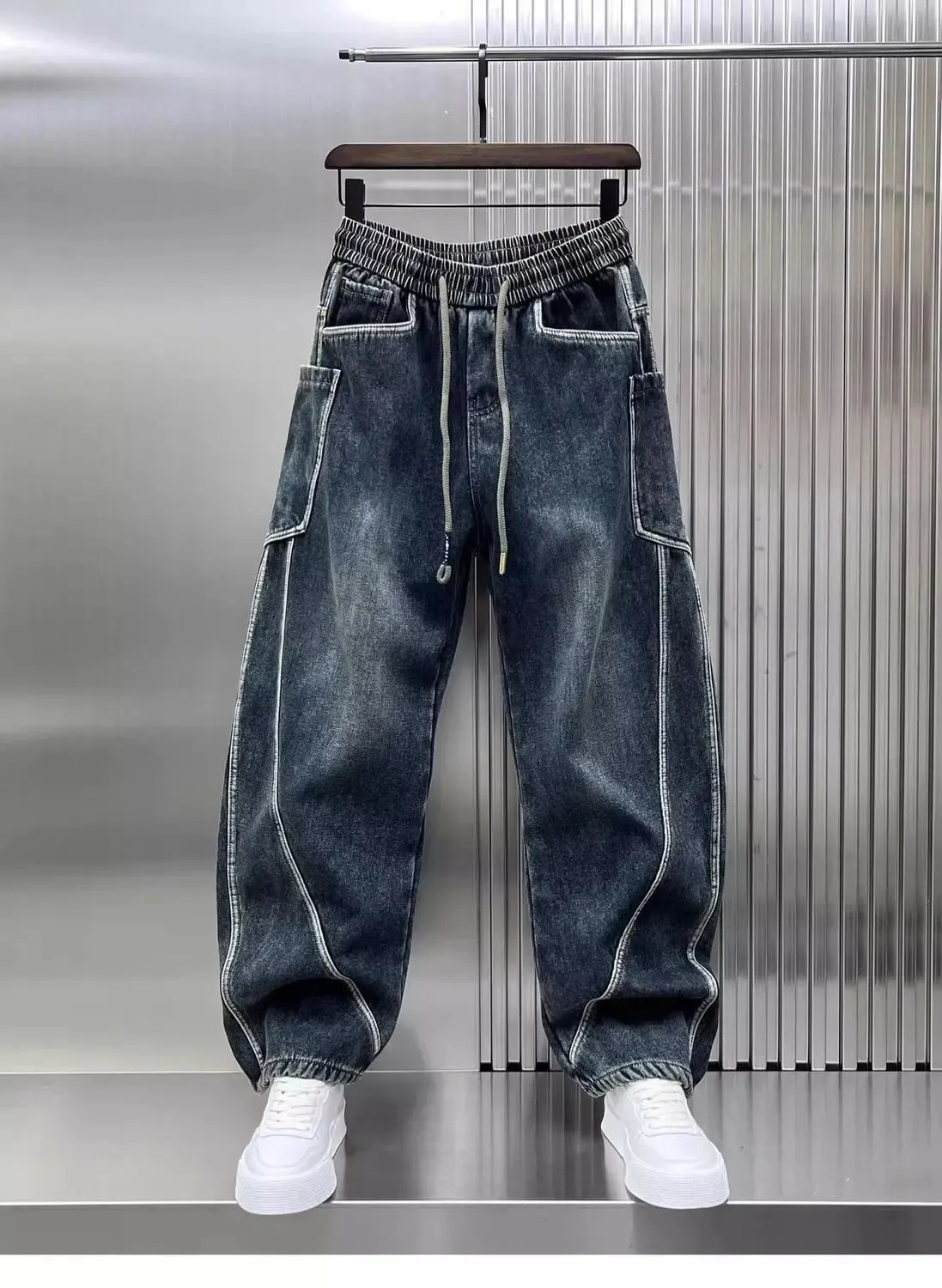 Spring Autumn 2025 New Splicing Cutting Elastic Waist Large Size Boys Washed Loose Wide Leg Big Pocket Scimitar Drawstring Jeans